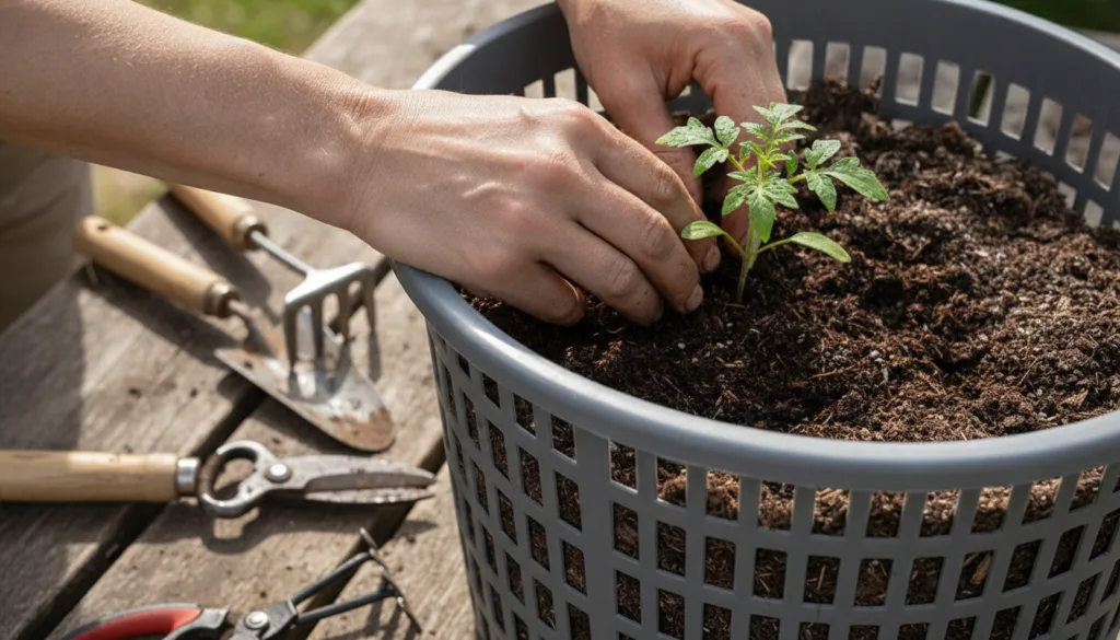 A gardener s hands carefully planting a small tomato seedling into a laundry basket filled with potting soil surrounded 