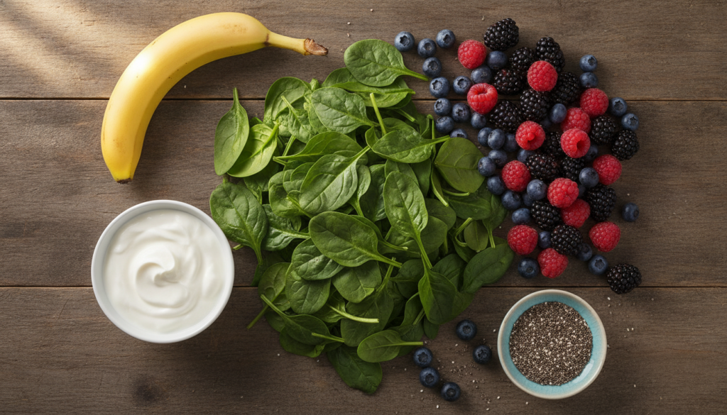 A variety of fresh colorful smoothie ingredients laid out on a kitchen counter spinach berries pineapple banana Greek yo