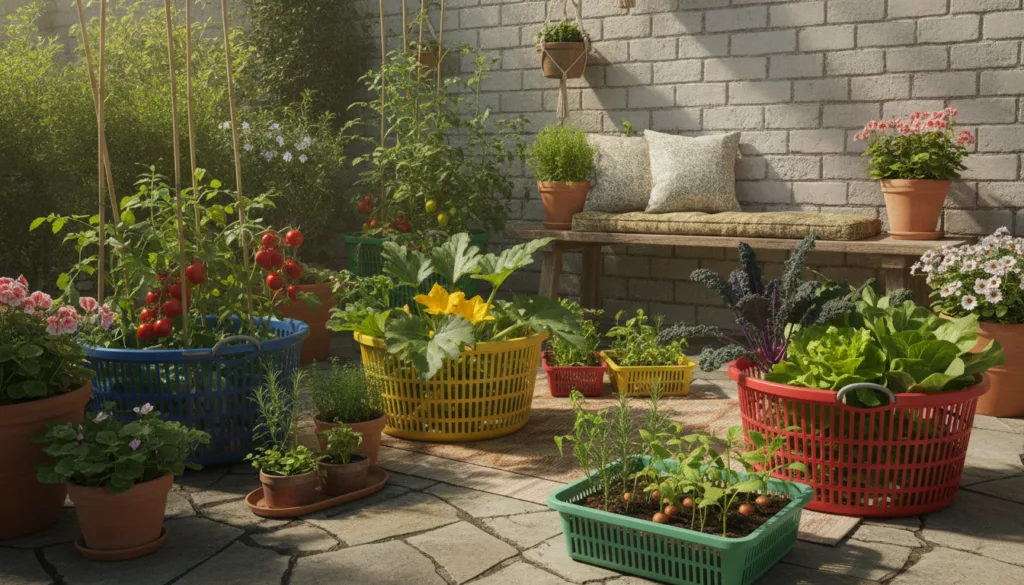A vibrant collection of various vegetables growing in repurposed plastic laundry baskets on a sunny patio The baskets ar