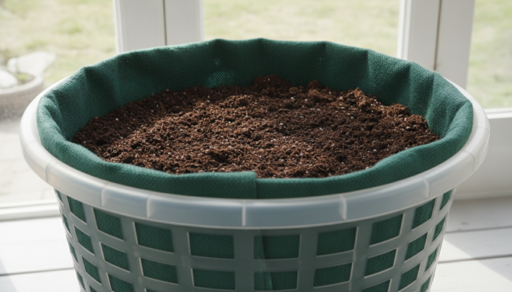 A close-up showing the inside of a laundry basket lined with landscape fabric and partially filled with rich potting soi