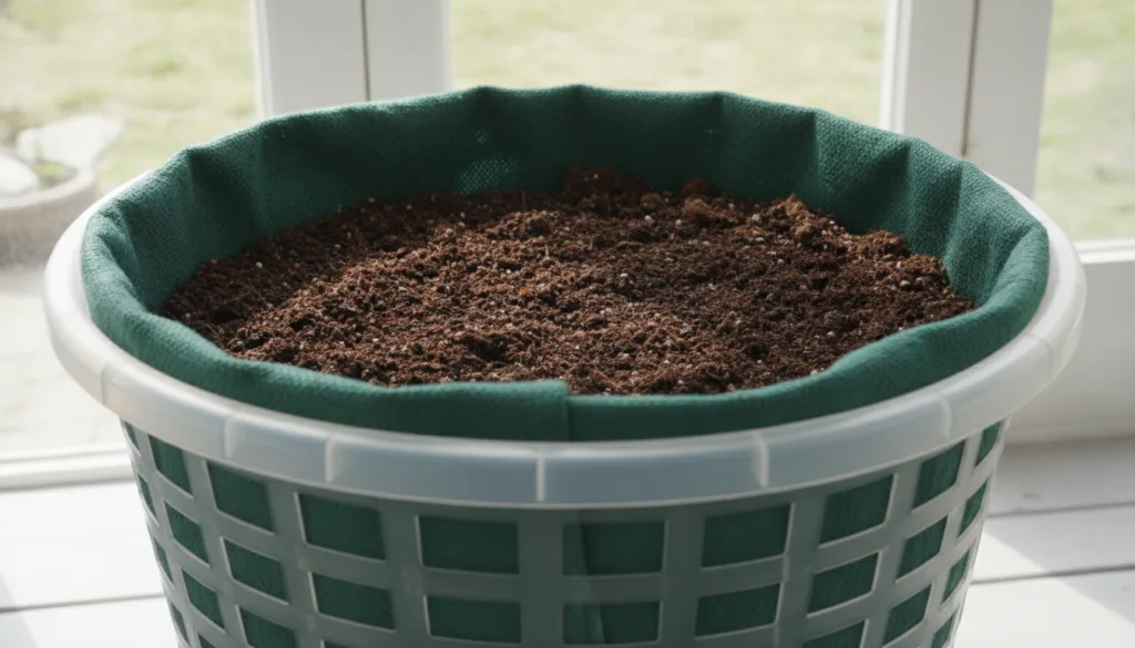 A close-up showing the inside of a laundry basket lined with landscape fabric and partially filled with rich potting soi