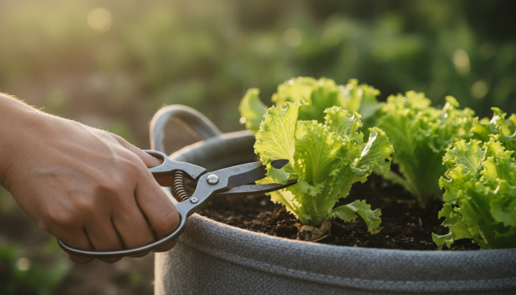 A close-up of fresh vibrant green lettuce leaves being harvested from a laundry basket garden with a hand holding prunin