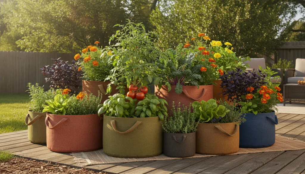 A close-up view of a healthy grow bag garden with multiple compatible plants growing together such as basil next to a to