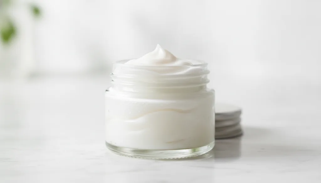 A small glass jar containing the mixed Vaseline baby oil and aloe vera blend showing a smooth creamy texture