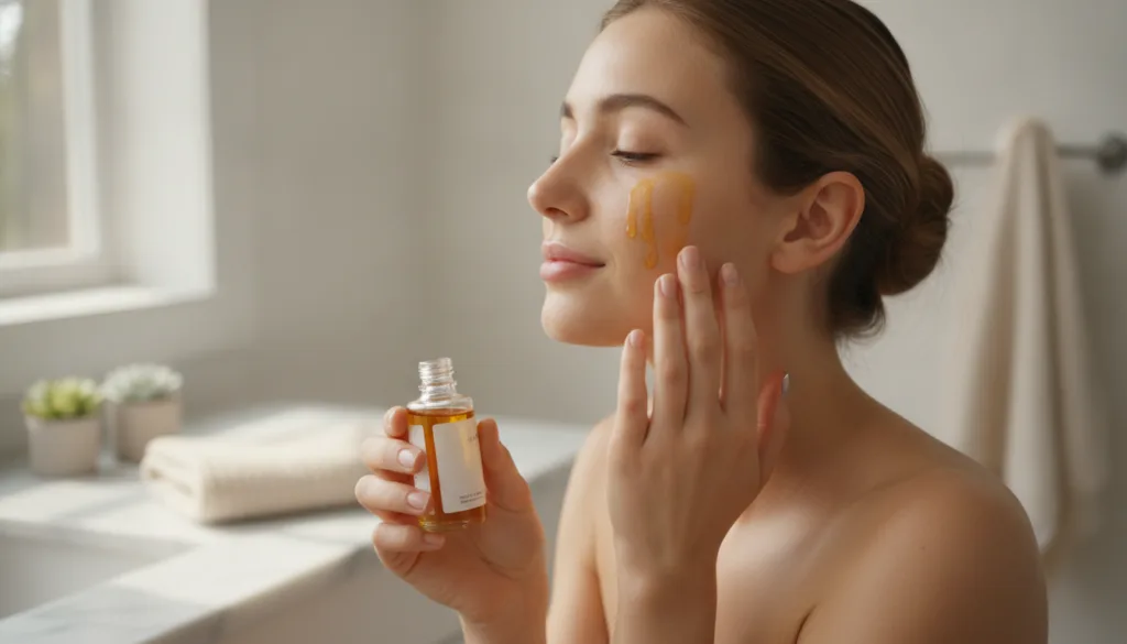A woman gently massaging a few drops of golden carrot oil onto her clean face and neck with a soft content expression