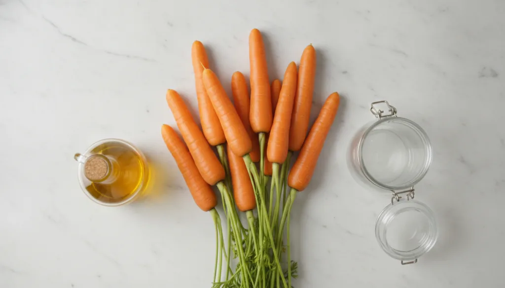 A collection of fresh carrots a bottle of carrier oil and a clean glass jar laid out on a kitchen counter ready for the 