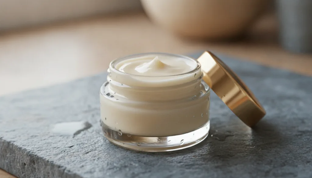A close-up of a small elegant glass jar filled with a smooth creamy off-white balm indicating the mixed Vaseline and swe