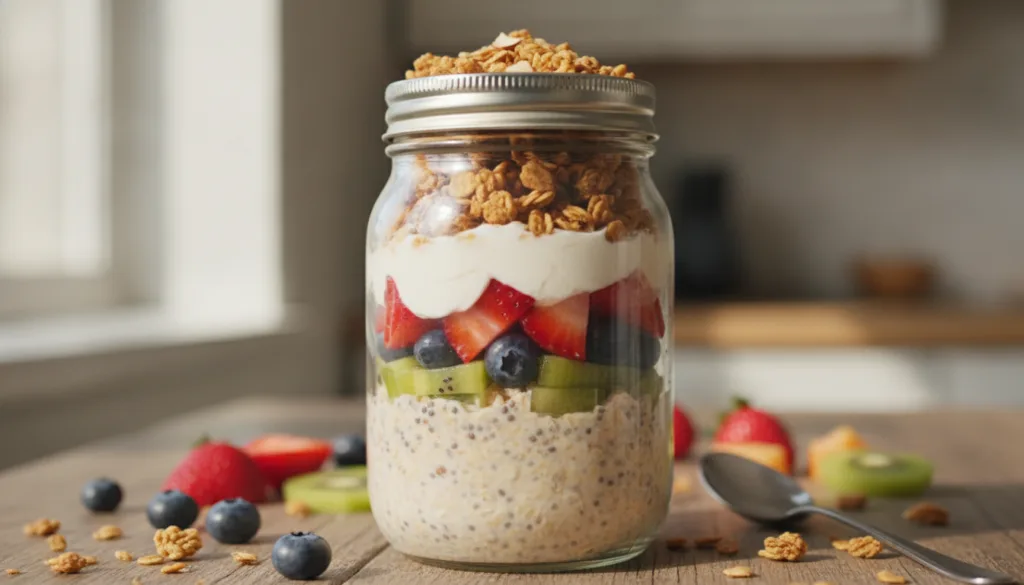 A clear glass jar showing distinct vibrant layers of overnight oats with fruit yogurt and granola Each layer is clearly 