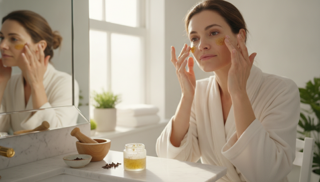 A woman gently applying the homemade Vaseline and clove gel to her face specifically around her eye area with a soft and