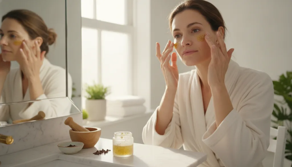 A woman gently applying the homemade Vaseline and clove gel to her face specifically around her eye area with a soft and