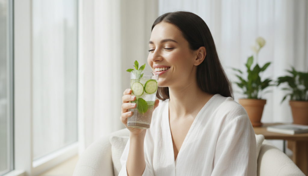 A woman drinking a glass of water with cucumber and mint looking refreshed and happy with glowing clear skin The setting