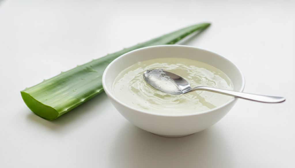 A small bowl containing a creamy mixture of Vaseline and aloe vera gel with a fresh aloe vera leaf and a spoon next to i
