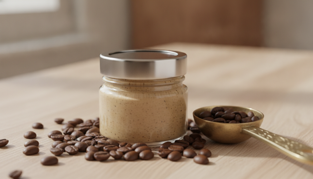 A small clear jar filled with a mixture of Vaseline and coffee grounds with coffee beans scattered around it on a wooden