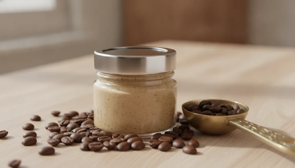 A small clear jar filled with a mixture of Vaseline and coffee grounds with coffee beans scattered around it on a wooden