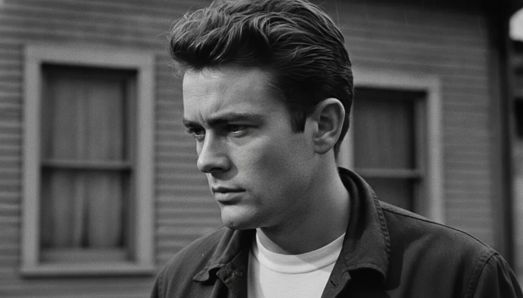 A black and white still of James Dean from Rebel Without a Cause showing his iconic rebellious look
