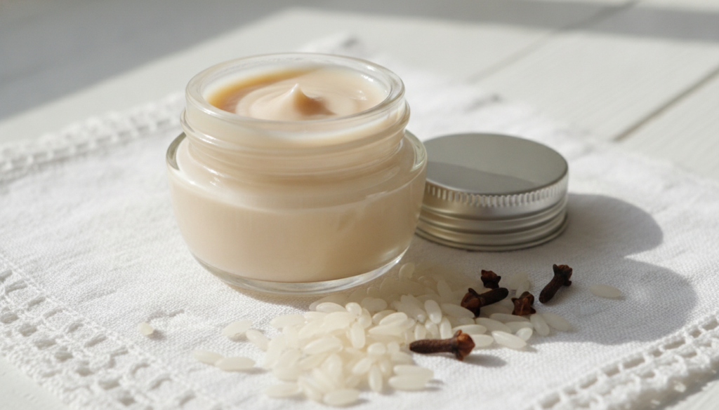A finished homemade anti-aging balm in a small elegant jar with a smooth creamy texture placed next to a few scattered r
