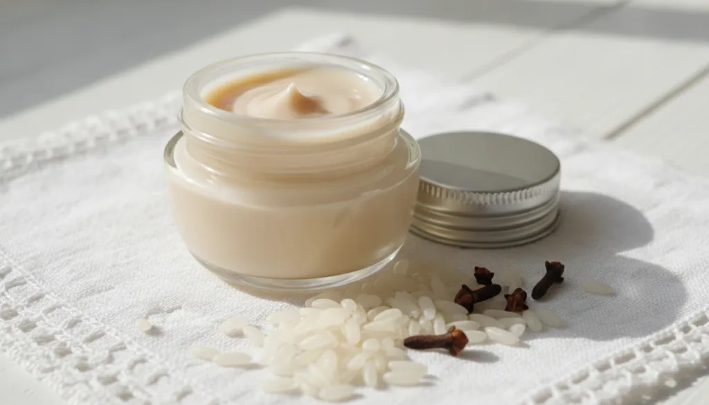 A finished homemade anti-aging balm in a small elegant jar with a smooth creamy texture placed next to a few scattered r