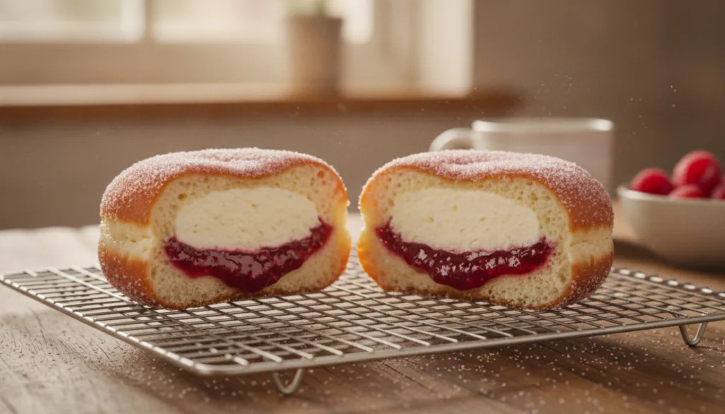 A beautiful close-up of a homemade raspberry cheesecake donut cut open to show the jam and cream cheese filling coated i