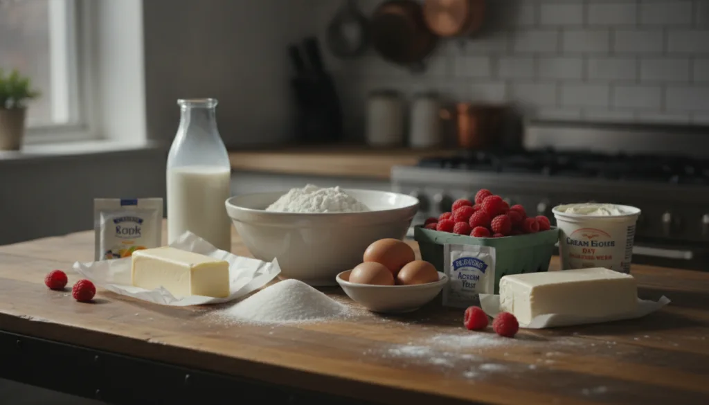 All the ingredients for raspberry cheesecake donuts laid out on a kitchen counter flour sugar butter eggs milk yeast ras