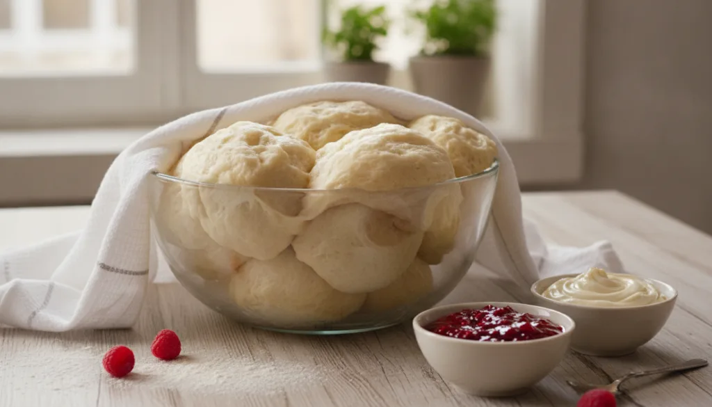 A bowl of perfectly risen donut dough covered with a kitchen towel next to small bowls of homemade raspberry jam and che