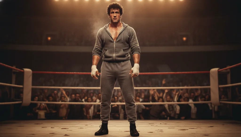 A young Sylvester Stallone as Rocky Balboa looking determined in a boxing ring but without boxing gloves or headband jus