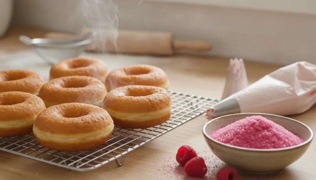 Freshly fried golden brown donuts cooling on a wire rack next to a bowl of raspberry sugar and a piping bag with filling