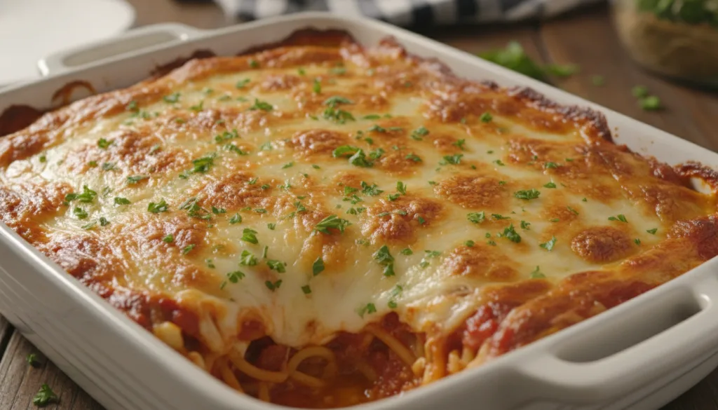 A beautiful golden-brown Million Dollar Baked Spaghetti fresh from the oven served in a white baking dish with melted bu