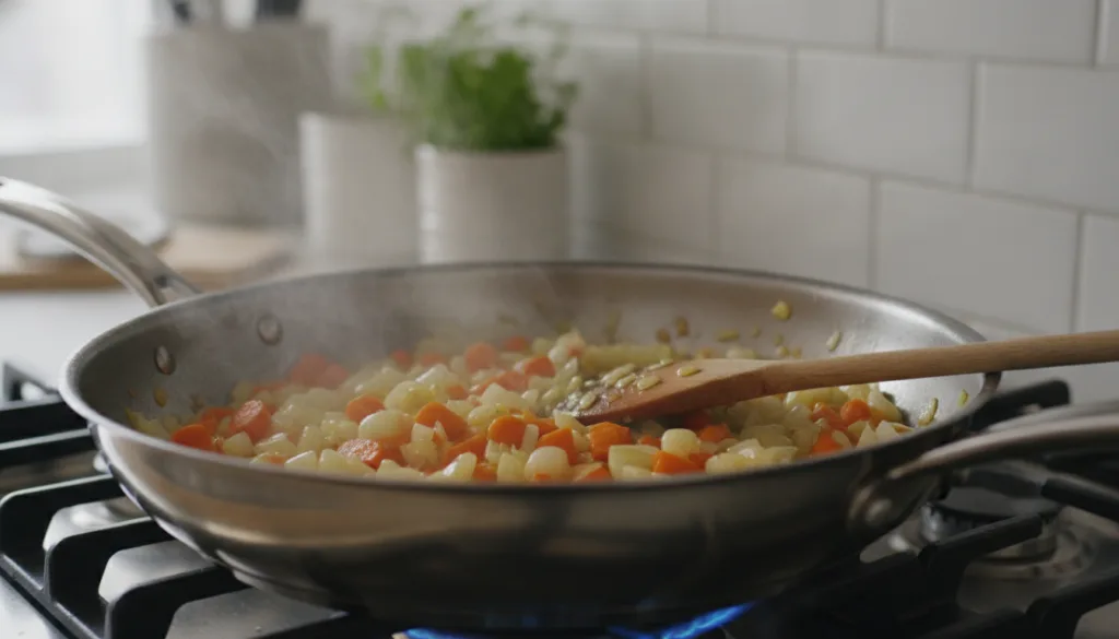 A large skillet on a stovetop with diced onions and carrots being sautéed until softened steam rising gently