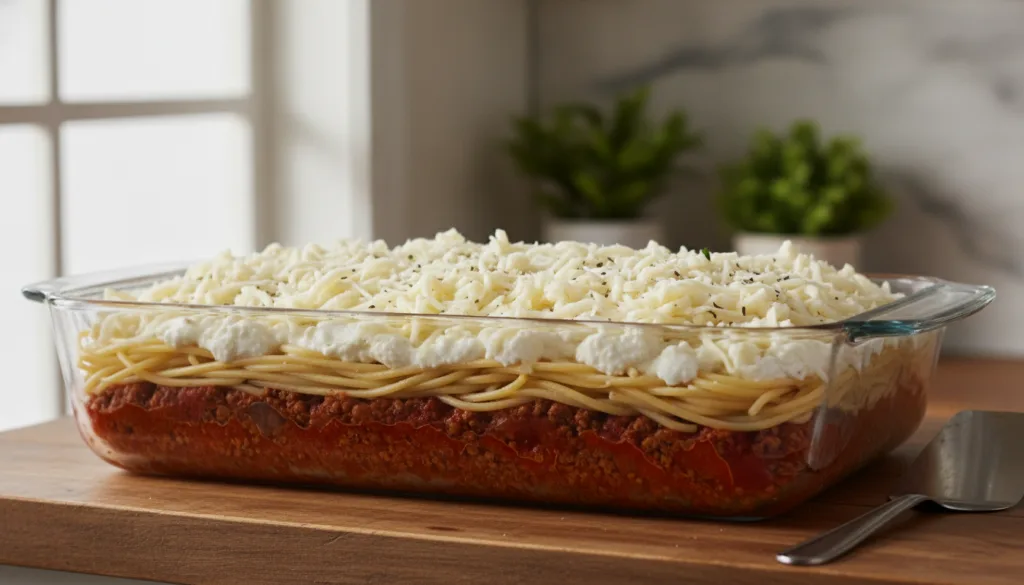 A large baking dish filled with layers of red meat sauce creamy spaghetti and topped with shredded mozzarella cheese rea