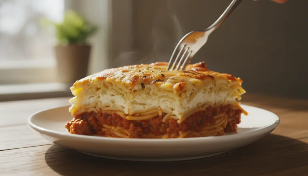 A slice of Million Dollar Baked Spaghetti on a plate showing the distinct layers of meat sauce creamy spaghetti and melt