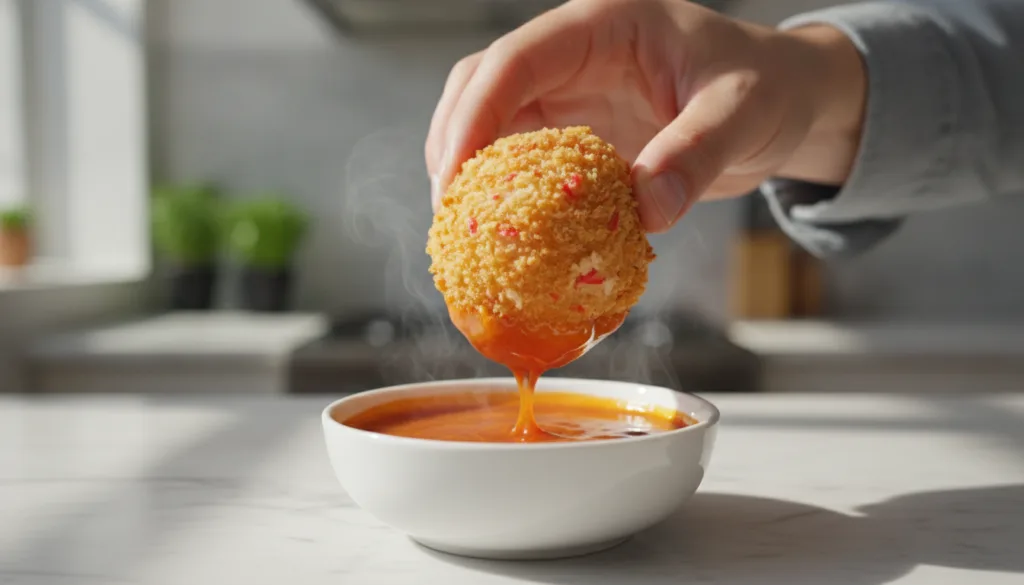 A hand dipping a golden-brown shrimp crab ball into a small bowl of lava sauce