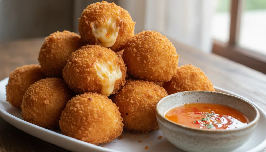 A platter of golden-brown crispy cheesy shrimp crab balls with a side bowl of orange lava sauce