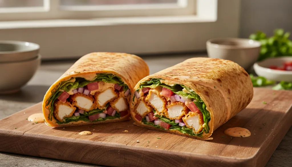 Crispy spicy chicken wrap cut in half showcasing the fried chicken lettuce tomatoes red onions and melted cheese with a 