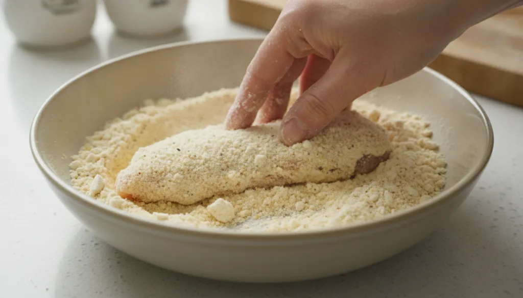 A crispy chicken strip being dredged in a seasoned flour and potato starch mixture showing the clumpy texture of the dre
