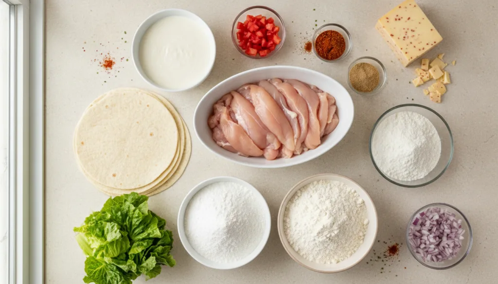 A collection of fresh ingredients laid out on a kitchen counter including sliced chicken breast a bowl of buttermilk spi
