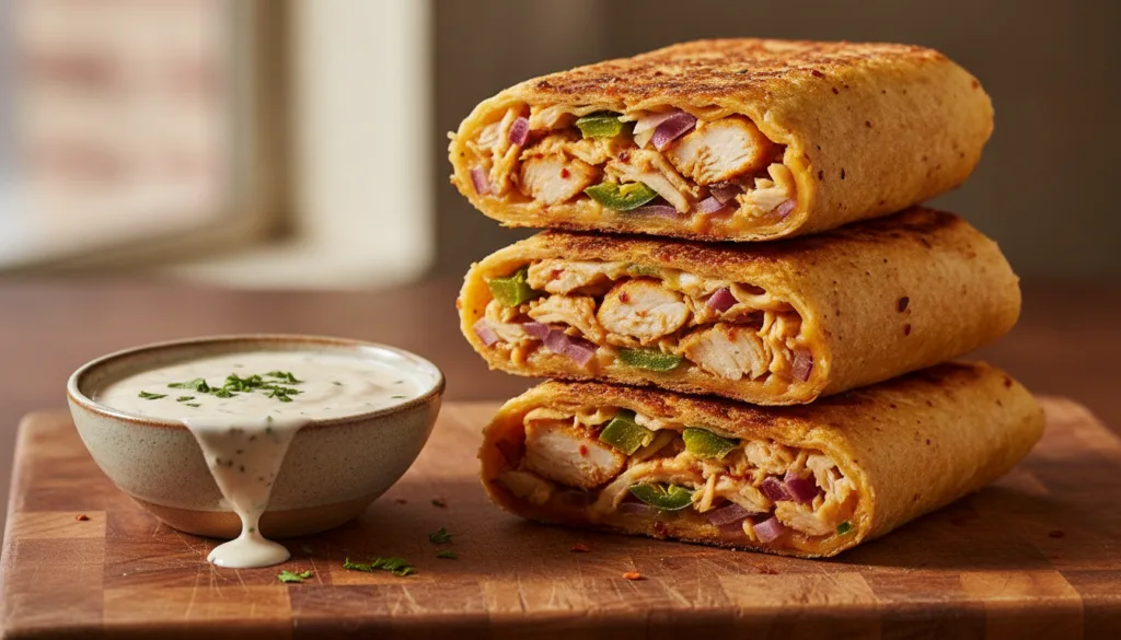 A stack of crispy spicy chicken wraps perfectly toasted on a wooden board with a side of spicy ranch dipping sauce and f