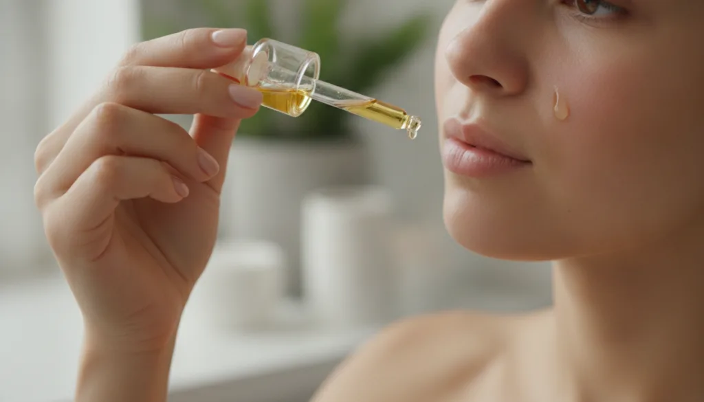 A woman s hand gently applying a small amount of the infused oil onto her cheek demonstrating a patch test or regular ap