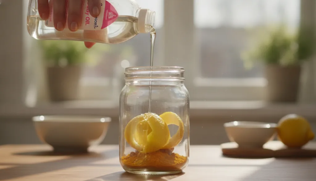 A person s hands gently pouring Johnson s Baby Oil into a clear glass jar containing lemon peels and a pinch of turmeric