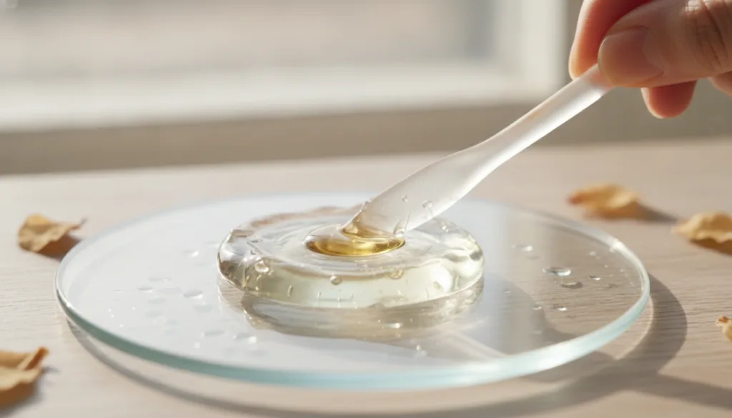 A close-up of a small amount of petroleum jelly being mixed with a drop of facial oil on a glass dish with a soft warm l