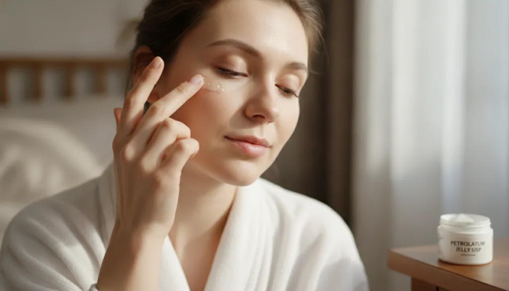 A woman gently dabbing petroleum jelly onto her under-eye area focusing on fine lines with a soft natural glow on her fa