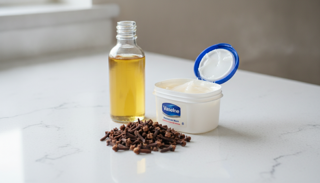 Ingredients for the clove and Vaseline elixir laid out on a clean surface whole cloves a bottle of carrier oil and a tub