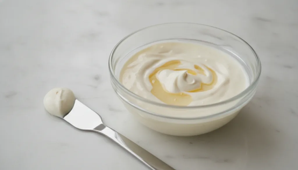 A small clean glass bowl containing a freshly mixed creamy DIY facial treatment made from Nivea Creme almond oil and a f