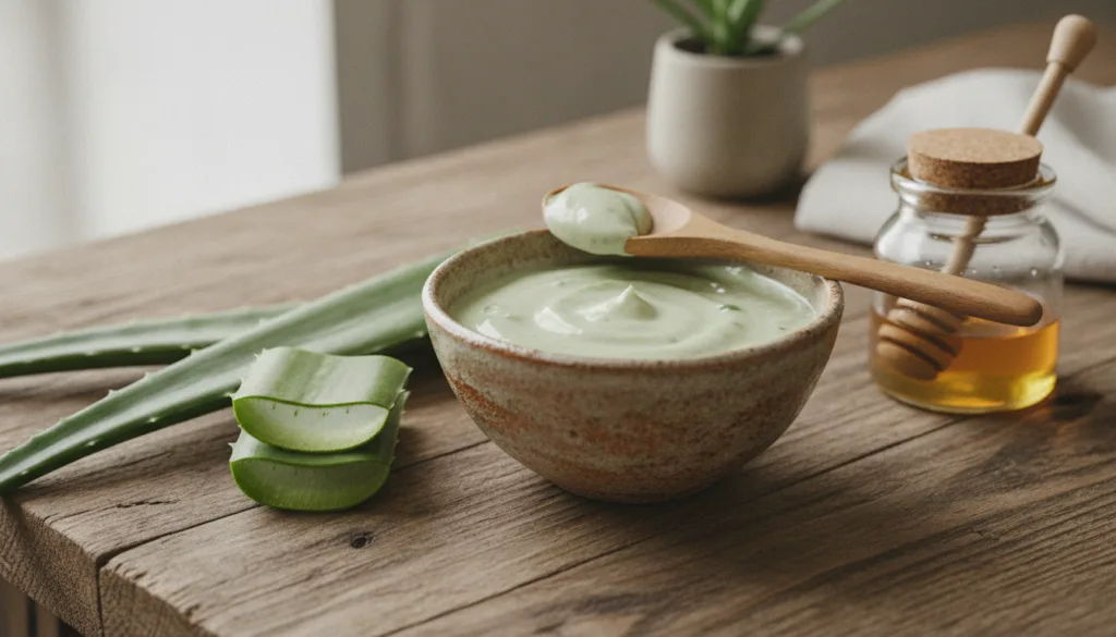 A small bowl containing a creamy light green mask mixture with a spoon beside it on a natural wooden surface Fresh aloe 