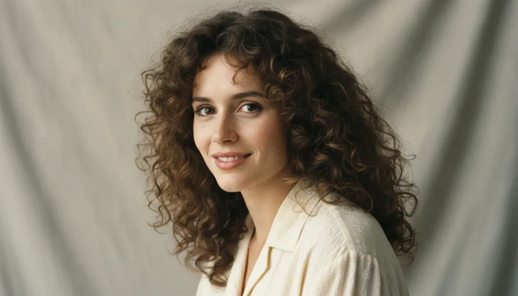 An archival publicity photo of a young Andie MacDowell showcasing her signature curly hair and gentle smile from the lat