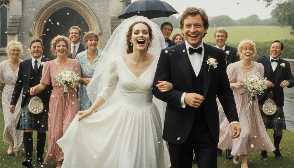 A real movie poster for the film Four Weddings and a Funeral featuring Andie MacDowell and Hugh Grant capturing the roma