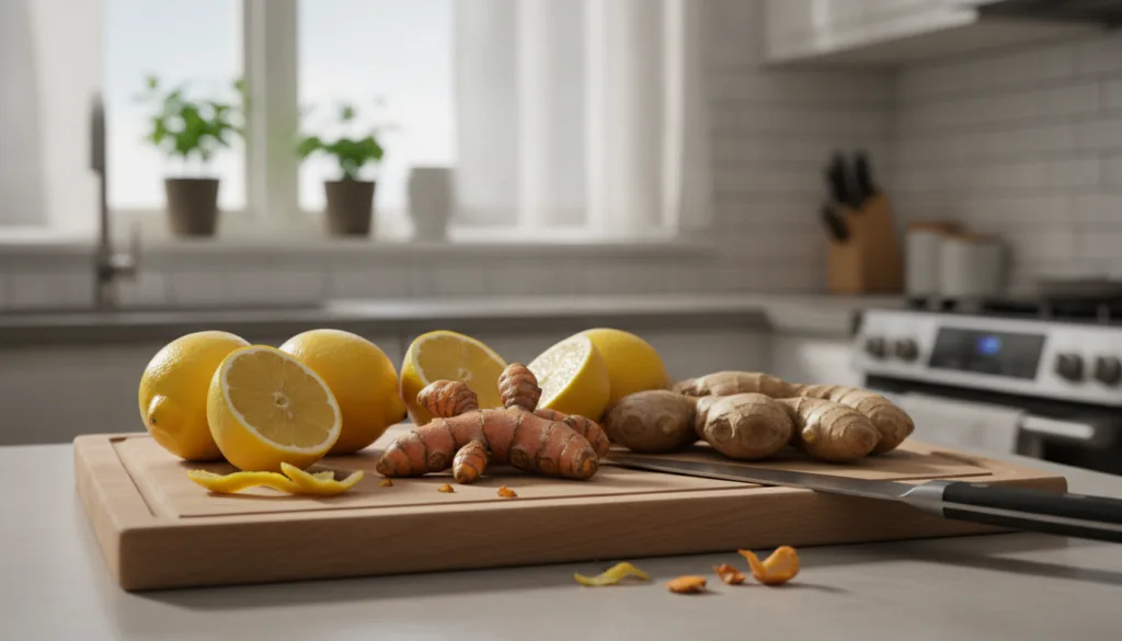 Ingredientes frescos de cúrcuma jengibre y limones en una tabla de cortar listos para ser preparados