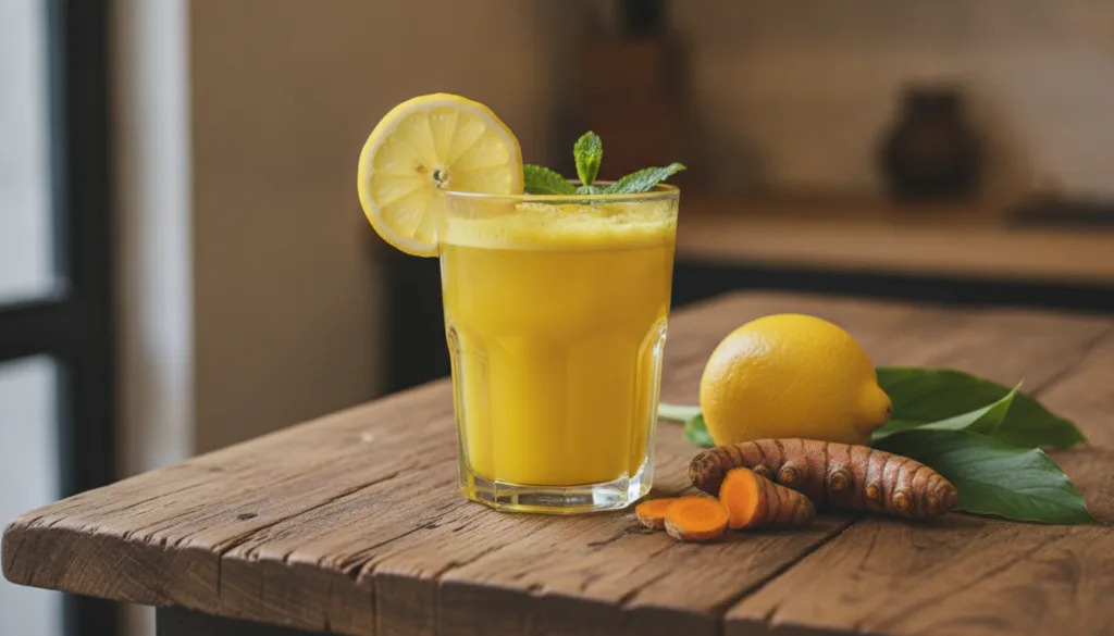 Un vaso de la bebida dorada de cúrcuma y limón con rodajas de limón y un trozo de cúrcuma fresca al lado sobre una mesa