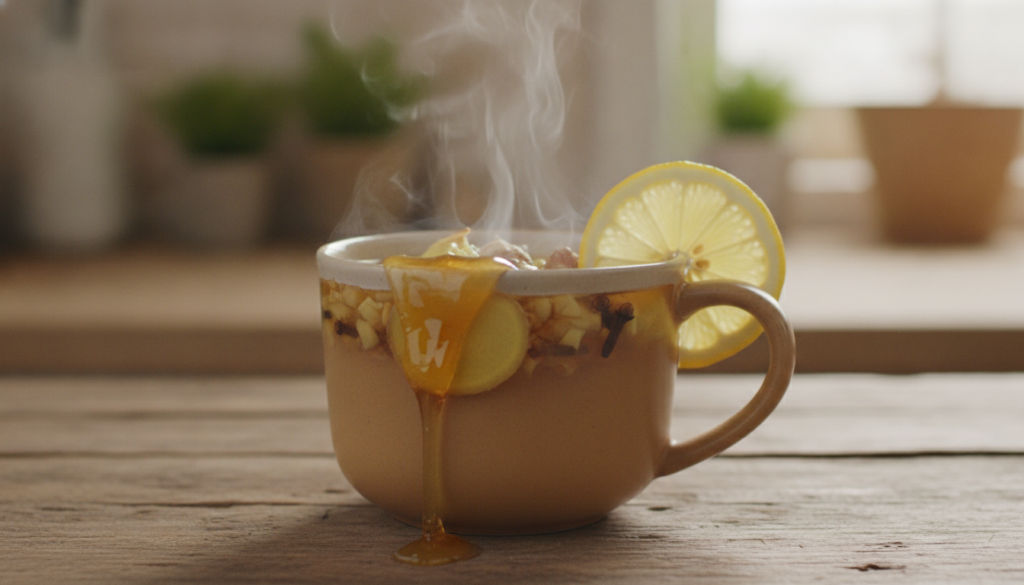 Una taza humeante de infusión de ajo clavo jengibre y limón con miel lista para beber