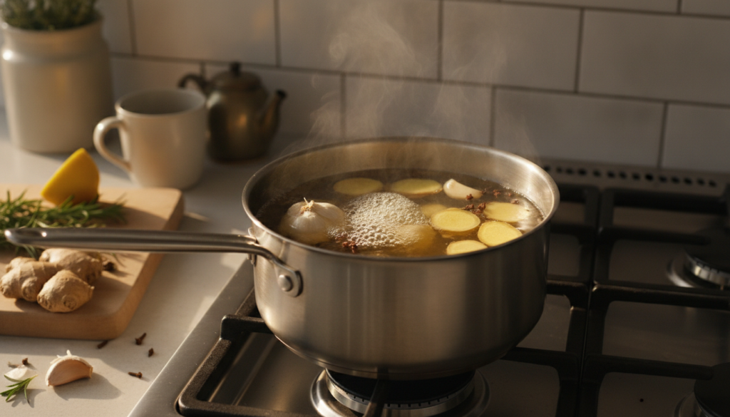 Infusión de ajo clavo y jengibre hirviendo a fuego lento en una olla en la estufa