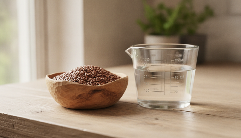 Ingredients for making flaxseed gel whole flaxseeds in a bowl and a measuring cup of water on a rustic kitchen counter